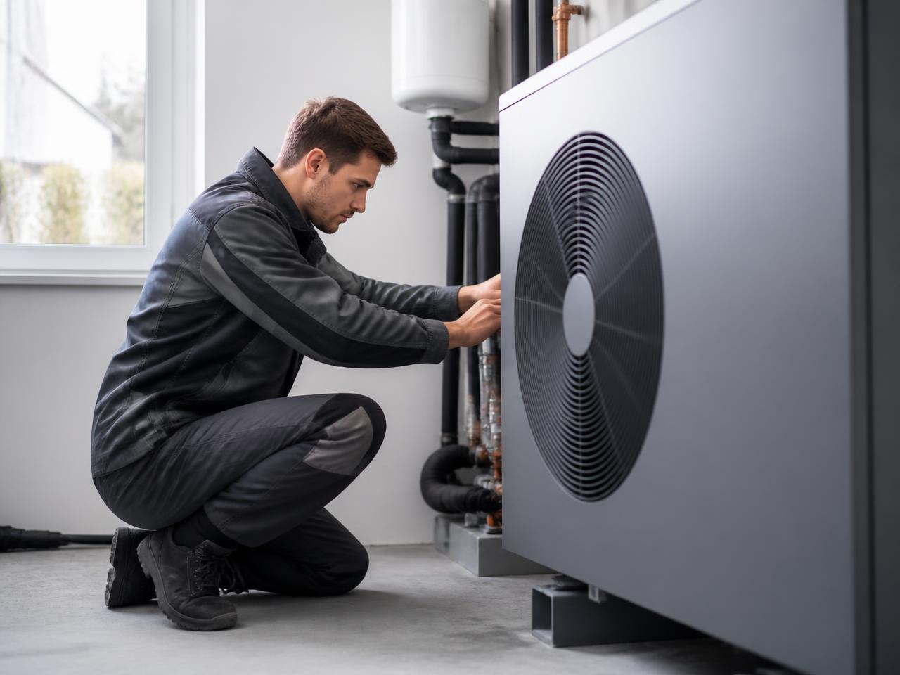 SHK-Techniker bei der Installation einer Wärmepumpe